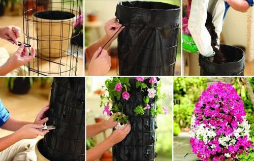 Как посадить вертикальную клумбу с петунией. Из металлической сетки и садовой пленки